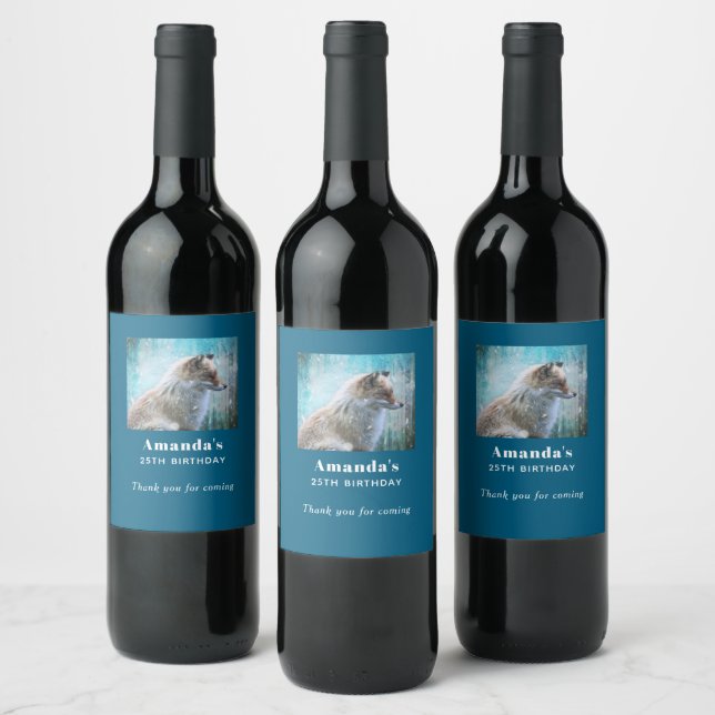 Cute Furry Fox on Blue Grunge Background Birthday Wine Label (Bottles)