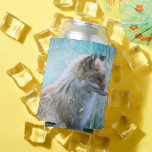 Cute Furry Fox on Blue Grunge Background Can Cooler