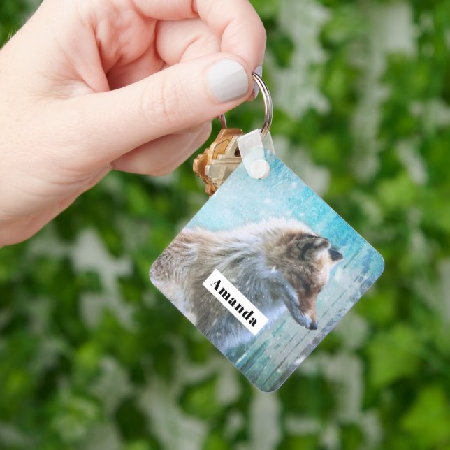 Cute Furry Fox on Blue Grunge Background Key Ring (Hand)