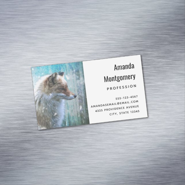 Cute Furry Fox on Blue Grunge Background Magnetic Business Card (In Situ)