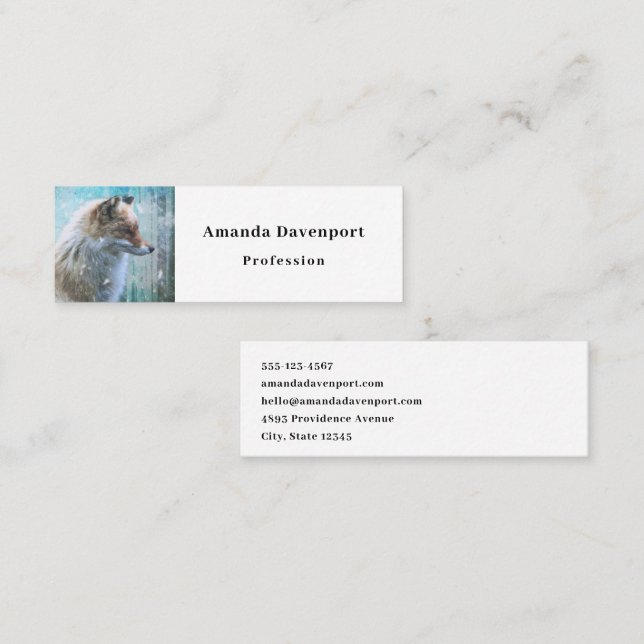 Cute Furry Fox on Blue Grunge Background Mini Business Card (Front/Back)