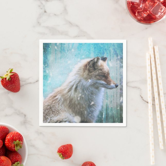 Cute Furry Fox on Blue Grunge Background Napkin (Insitu)