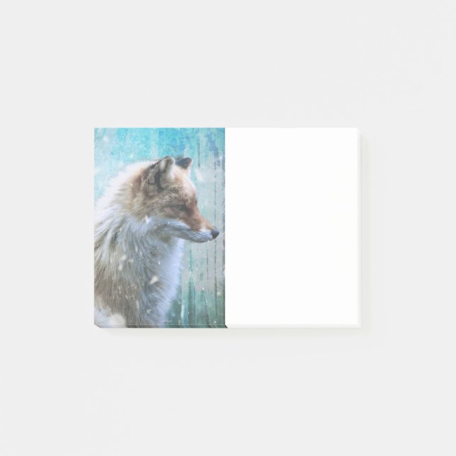 Cute Furry Fox on Blue Grunge Background Post-it Notes (Front)