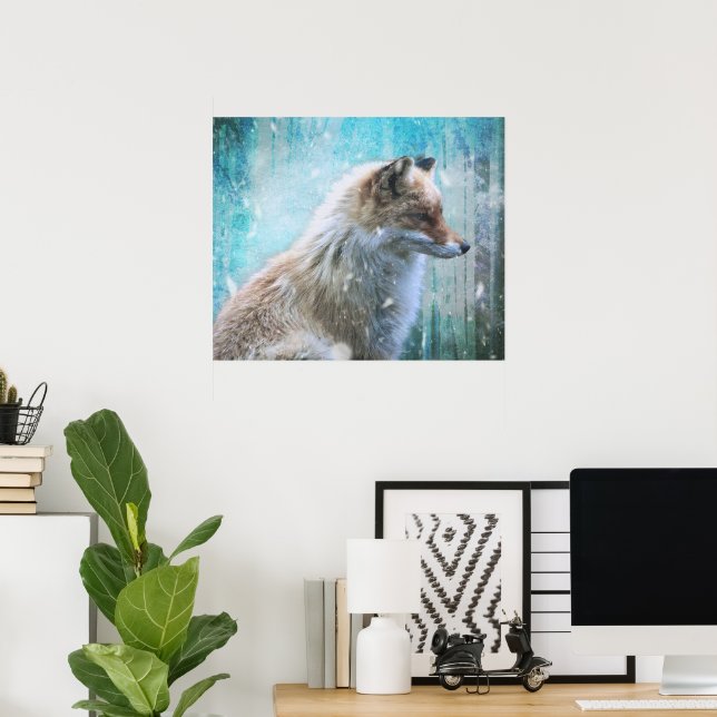 Cute Furry Fox on Blue Grunge Background Poster (Home Office)