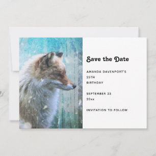 Cute Furry Fox on Blue Grunge Background Save The Date