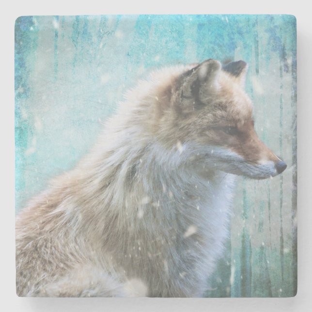 Cute Furry Fox on Blue Grunge Background Stone Coaster (Front)