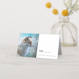 Cute Furry Fox on Blue Grunge Background Table Place Card