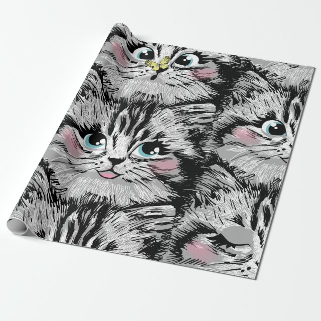 Cute furry kitten face seamless pattern. Illustrat Wrapping Paper (Unrolled)