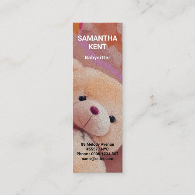 Cute Furry Teddy Bear Babysitter Mini Business Card (Front)