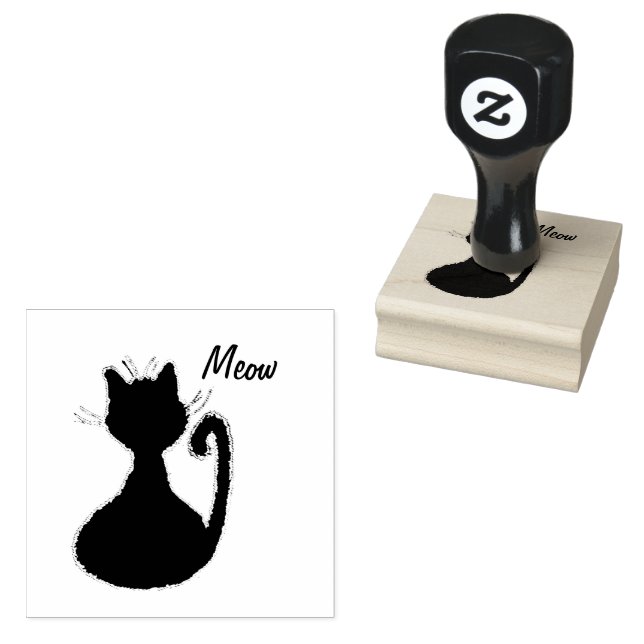 Cute Fuzzy Black Cat Silhouette Meow Rubber Stamp (Stamped)