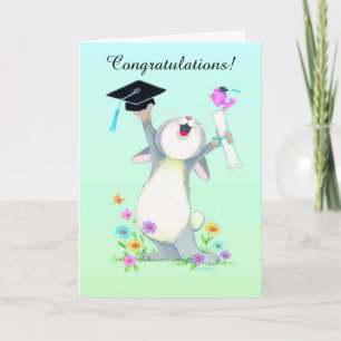 Cute fuzzy bunny cap graduation customisable card
