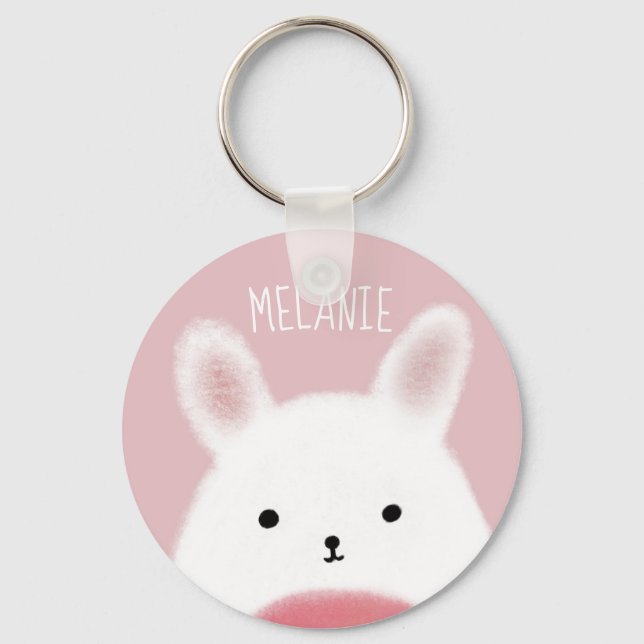 Cute Fuzzy Bunny Pink Personalised Key Ring (Front)