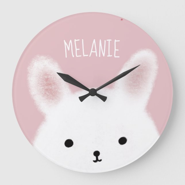 Cute Fuzzy Bunny Pink Personalised Large Clock (Front)
