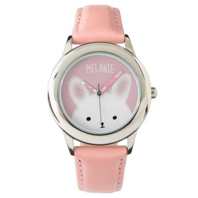 Cute Fuzzy Bunny Pink Personalised Watch (Front)