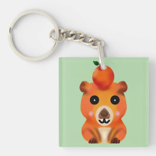 Cute Fuzzy Capybara with Orange   Kawaii Animal Ar Key Ring