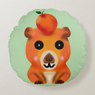 Cute Fuzzy Capybara with Orange   Kawaii Animal Ar Round Cushion