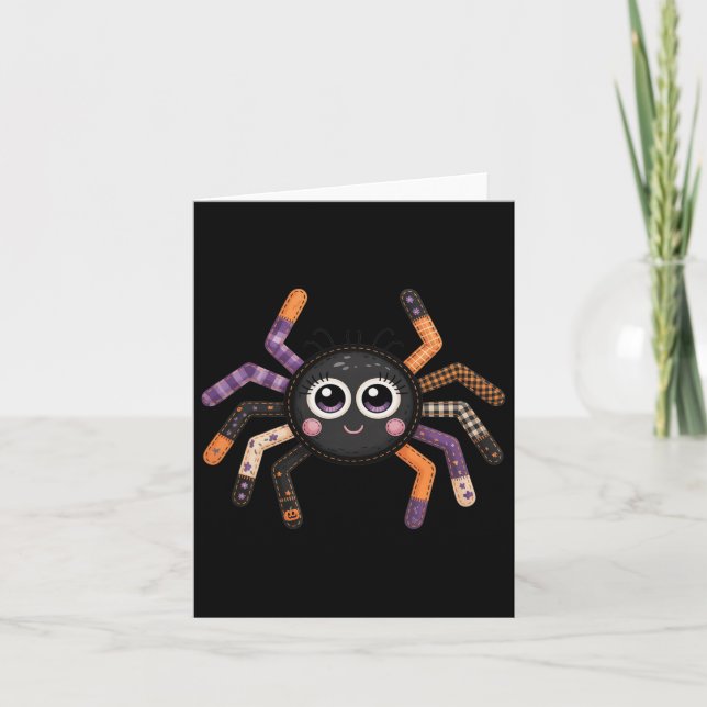 Cute Fuzzy Spider Preppy Floral Patchwork Hallowee Card (Front)