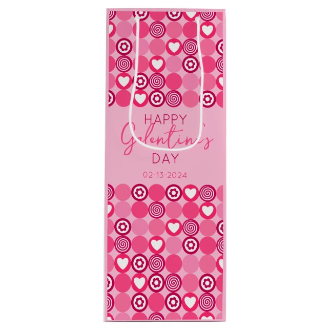Cute Galentine’s Day Pink Heart and Flower Pattern Wine Gift Bag (Front)