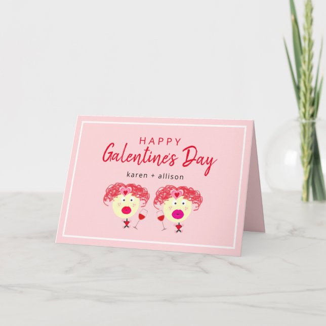 Cute Galentine's Day BFF Pink Red Heart Girl Names Holiday Card (Front)