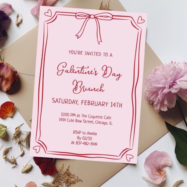 Cute Galentine's Day Brunch Pink & Red Invitation (Creator Uploaded)