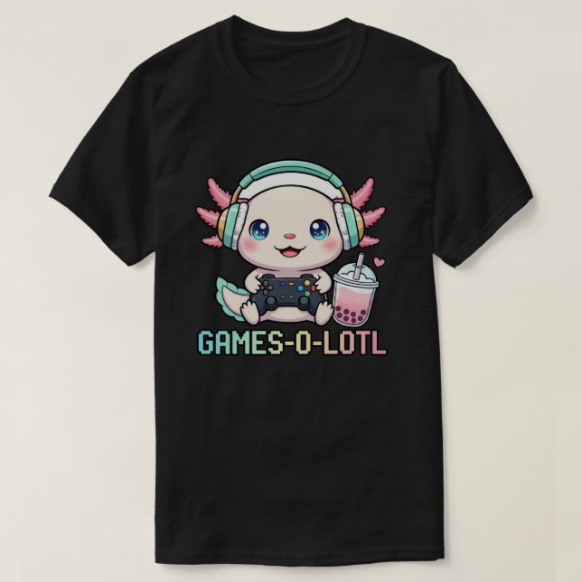 Cute Gamer Axolotl with Boba Art T-Shirt (Design Front)