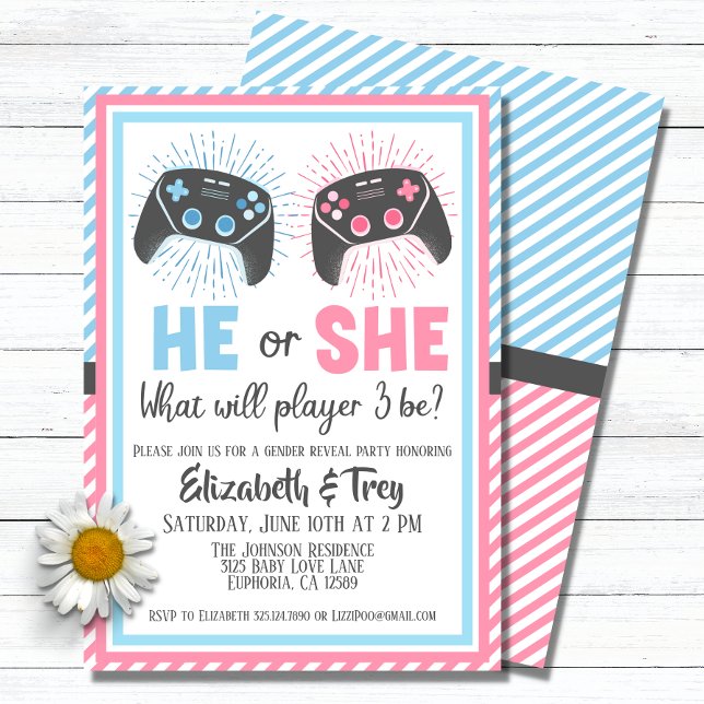Cute Gamer Baby Gender Reveal Invitation (A cute geeky gender reveal invitation for the parents to be who love video games.)