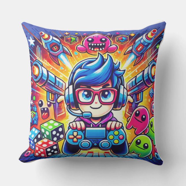 Cute Gamer Boy With Controller Colorful Gaming Car Cushion (Front)