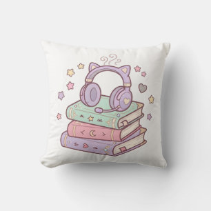 Cute Gamer Cat Headset Books Pillow