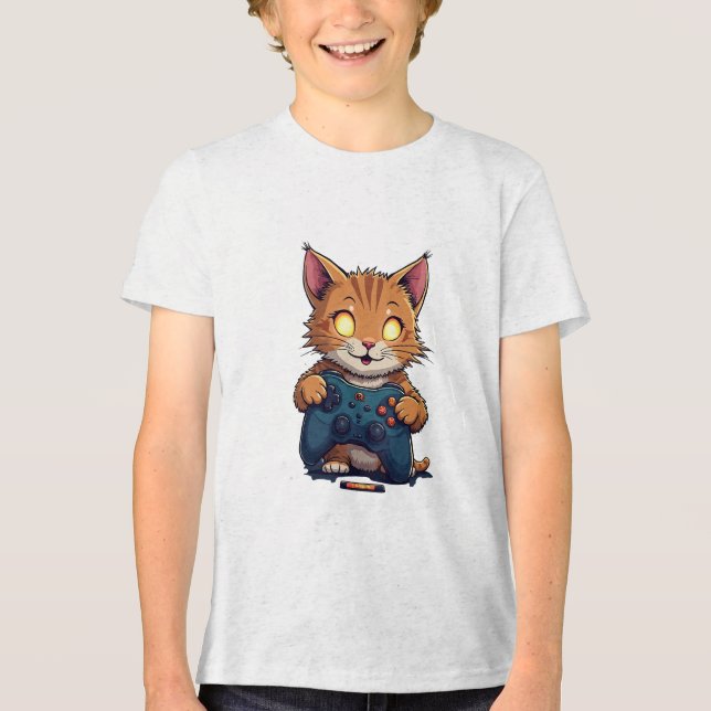 Cute Gamer Cat with Glowing Eyes and Game Controll Tri-Blend Shirt (Front)