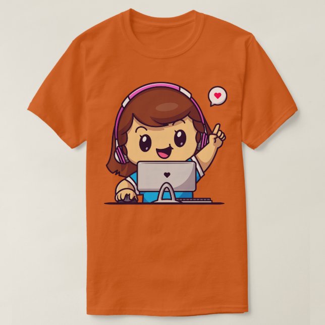 Cute Gamer Girl Playing Computer Cartoon T-Shirt (Design Front)