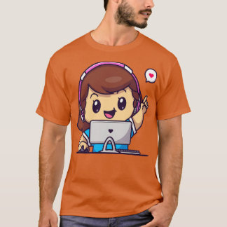 Cute Gamer Girl Playing Computer Cartoon T-Shirt