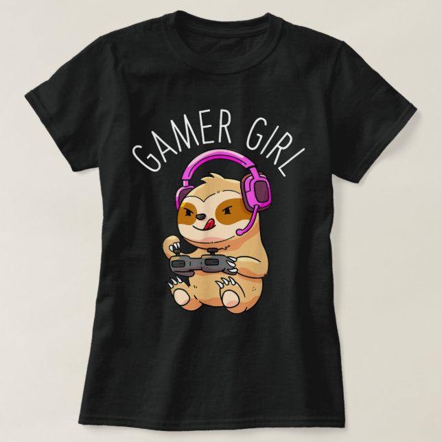 Cute Gamer Girl Sloth Design T-Shirt (Design Front)
