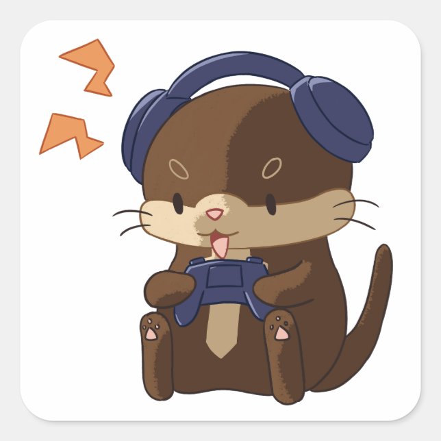 Cute Gamer Otter Playing With Controller Square Sticker (Front)