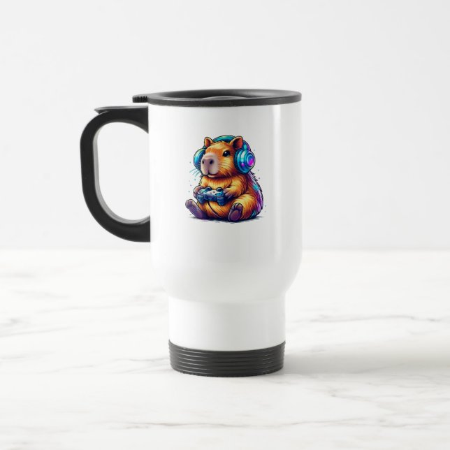 Cute Gaming Capybara Travel Mug (Left)