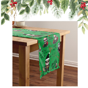 Cute Gangster Santa Merry Christmas on Green       Long Table Runner