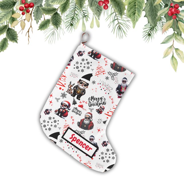 Cute Gangster Santa Merry Christmas on White |     Large Christmas Stocking (Creator Uploaded)