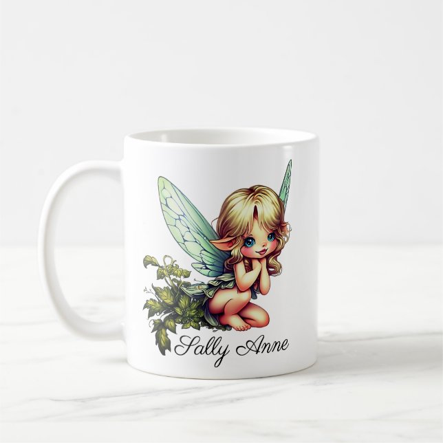 Cute Garden Fairy Girl Custom Name Coffee Mug (Left)