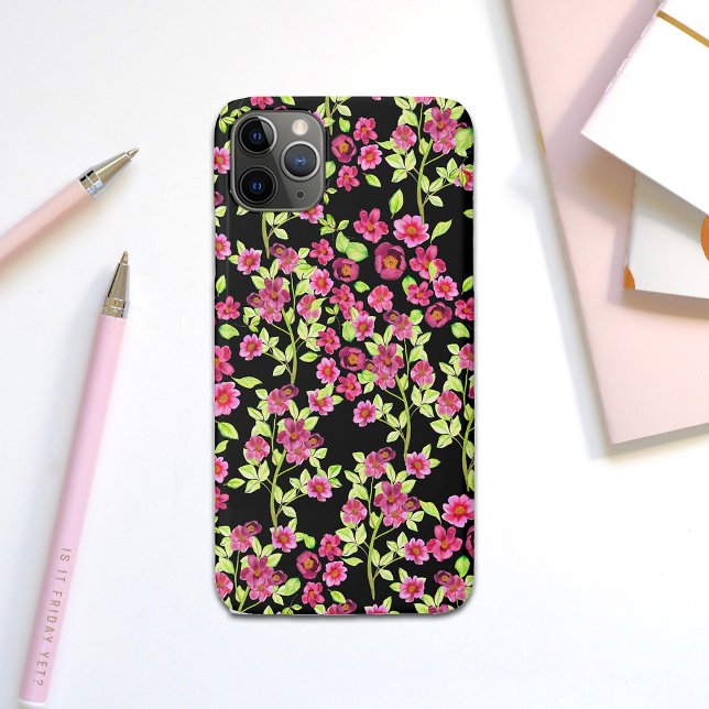 Cute Garden Flowers Pink Green on Black Background Case-Mate iPhone Case (Creator Uploaded)