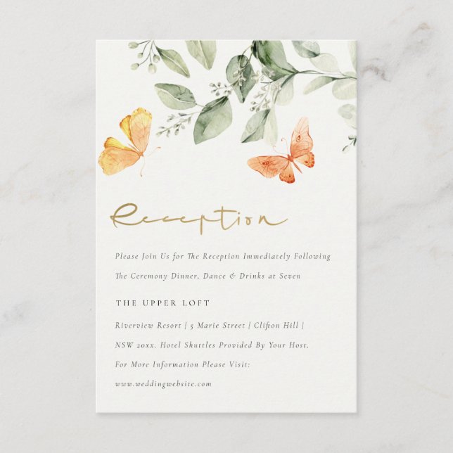 Cute Garden Foliage Butterflies Wedding Reception Enclosure Card (Front)