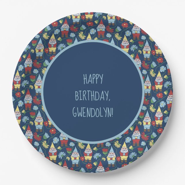 Cute Garden Gnomes and Flowers Personalised Paper Plate (Front)
