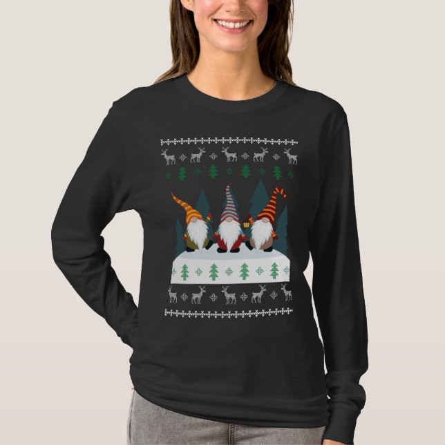 Cute Garden Gnomes Xmas Elf Ugly Christmas T-Shirt (Front)