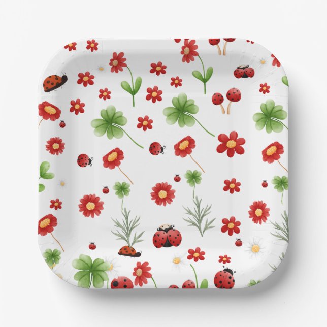 Cute Garden little ladybug baby shower Invitation Paper Plate (Front)
