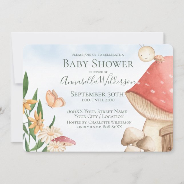 Cute Garden Mushrooms and Ladybug Invitation (Front)