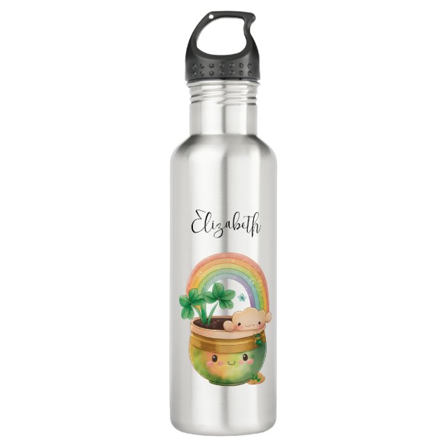 Cute Garden Planter with Rainbow & Clover 710 Ml Water Bottle (Front)