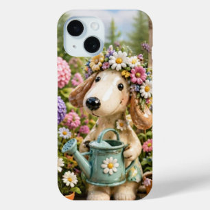 Cute Garden Puppy Dog with Flower Crown iPhone 15 Case