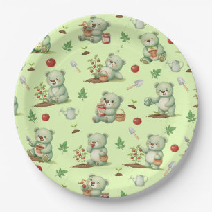 Cute Gardener Bear and Tomato Garden Seamless Patt Paper Plate