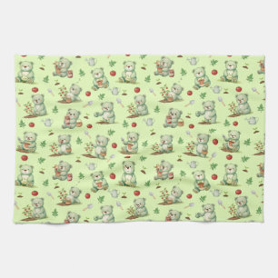 Cute Gardener Bear and Tomato Garden Seamless Patt Tea Towel