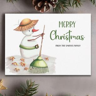 Cute Gardener Snowman Merry Christmas Holiday Card