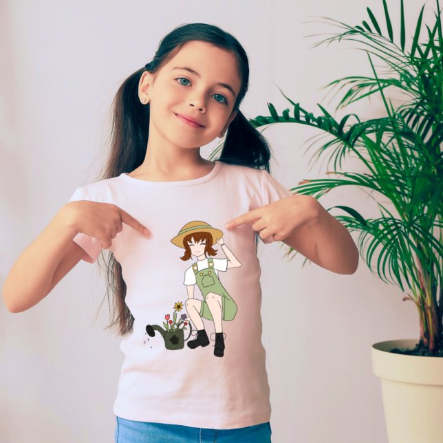 Cute Gardening and Flower Girl Brown Hair Girly T-Shirt (Creator Uploaded)