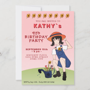 Cute Gardening Girl Flowers Black Hair Birthday Invitation